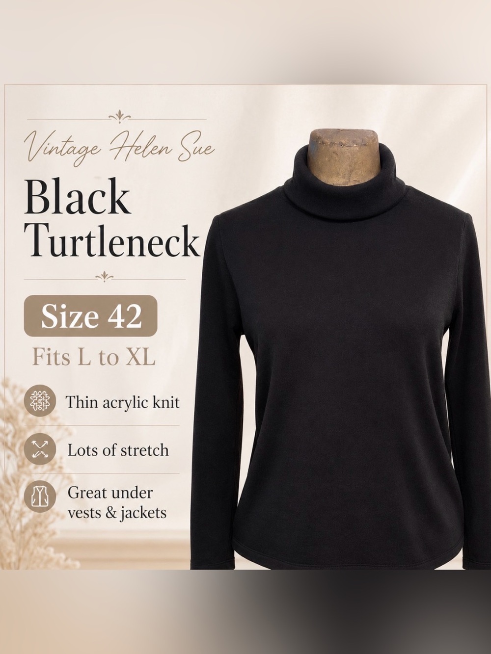 Helen Sue- vintage 60s 70s - Classic Black Turtleneck Sweater -size 42(L/XL)